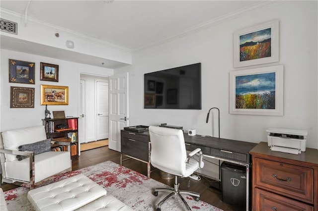 office featuring crown molding and dark hardwood / wood-style flooring