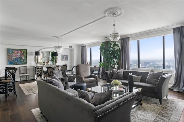 living room with dark hardwood / wood-style floors