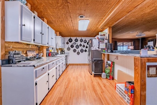 kitchen with white cabinetry, light wood-type flooring, wooden ceiling, kitchen peninsula, and stainless steel appliances