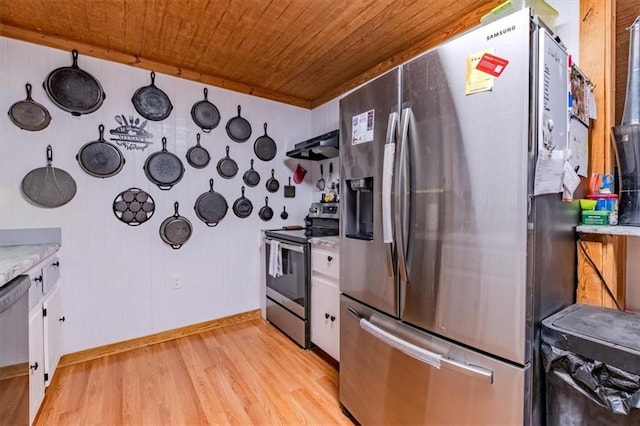 kitchen featuring white cabinetry, light hardwood / wood-style flooring, wooden ceiling, and appliances with stainless steel finishes