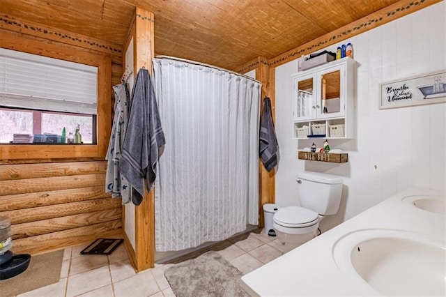 bathroom with log walls, tile patterned flooring, vanity, wood ceiling, and toilet