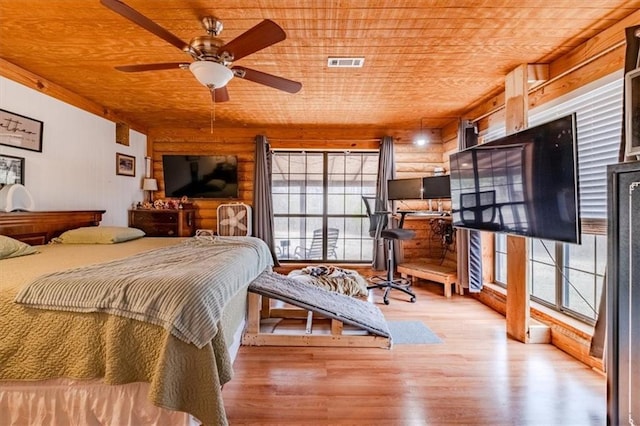 bedroom featuring hardwood / wood-style flooring, rustic walls, and wooden ceiling