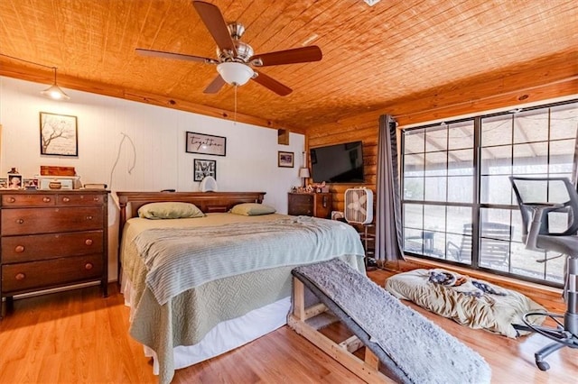 bedroom featuring wood ceiling, ceiling fan, and light hardwood / wood-style floors