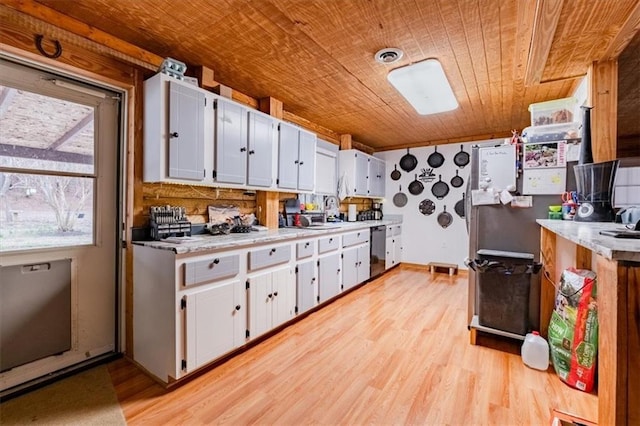 kitchen featuring white cabinetry, wood ceiling, light hardwood / wood-style flooring, and stainless steel dishwasher