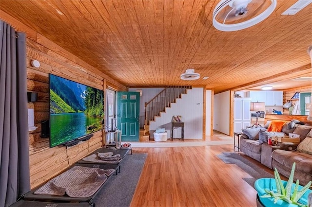 unfurnished living room featuring wood ceiling and light wood-type flooring