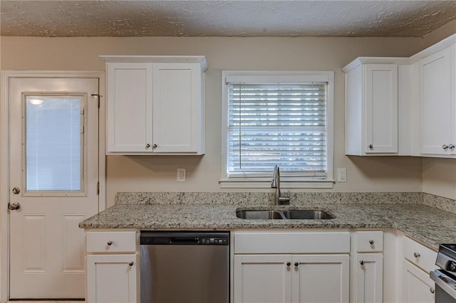 kitchen featuring white cabinetry, sink, light stone countertops, and dishwasher