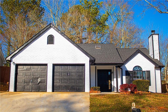 view of front of property with driveway, a front yard, a garage, brick siding, and a chimney