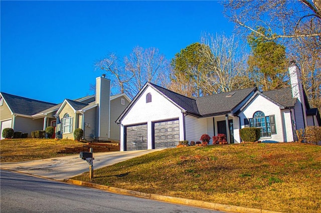 ranch-style house with a front yard, a garage, driveway, and a chimney