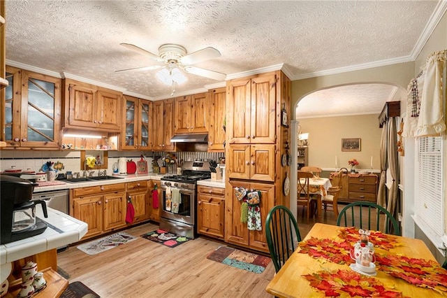 kitchen with stainless steel appliances, tasteful backsplash, light hardwood / wood-style floors, and ceiling fan