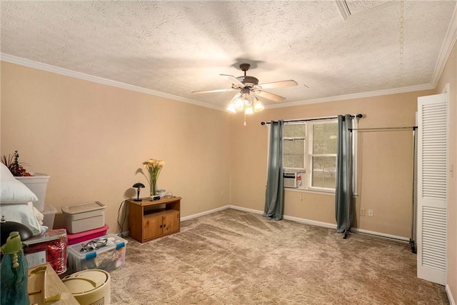 misc room featuring a textured ceiling, cooling unit, ceiling fan, crown molding, and carpet floors