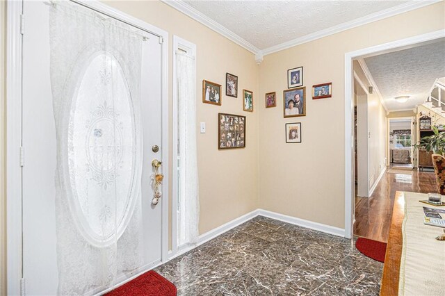 living room with a fireplace, ornamental molding, a textured ceiling, and hardwood / wood-style flooring