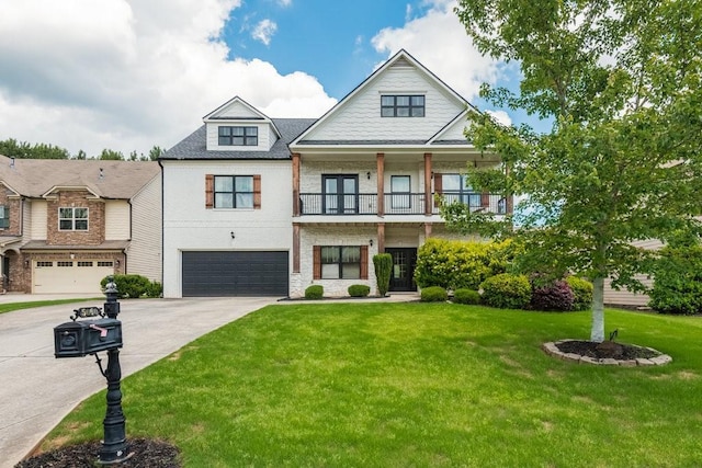 view of front of home with a garage, a front lawn, and a balcony