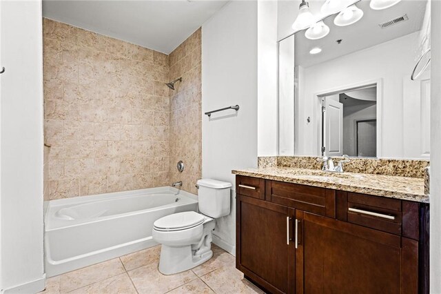 full bathroom with toilet, tile patterned flooring, bathtub / shower combination, vanity, and baseboards
