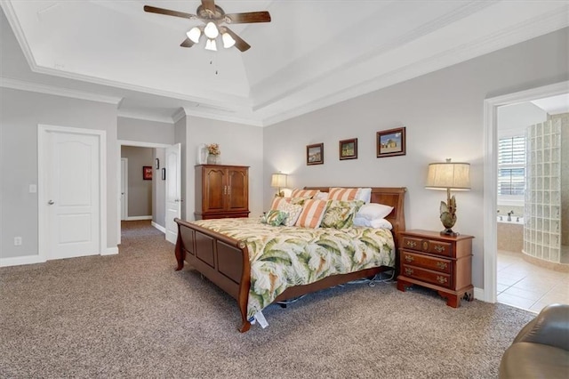 bedroom with ceiling fan, baseboards, ornamental molding, light carpet, and a raised ceiling