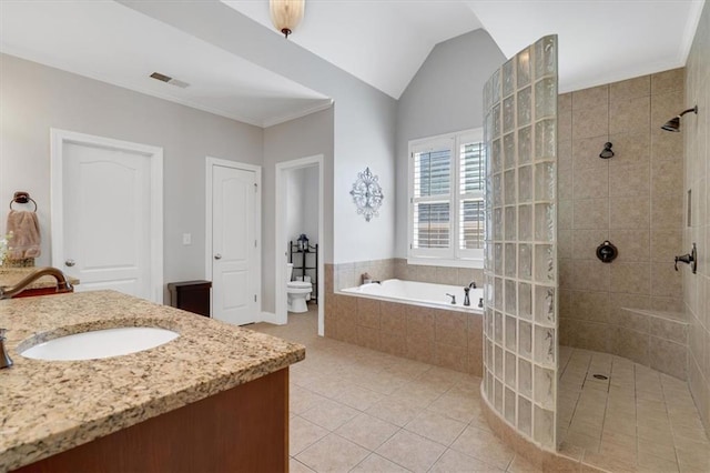 full bath featuring visible vents, walk in shower, a bath, and vaulted ceiling