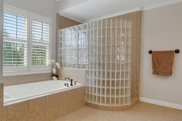 bathroom with crown molding, a bath, a walk in shower, and tile patterned floors