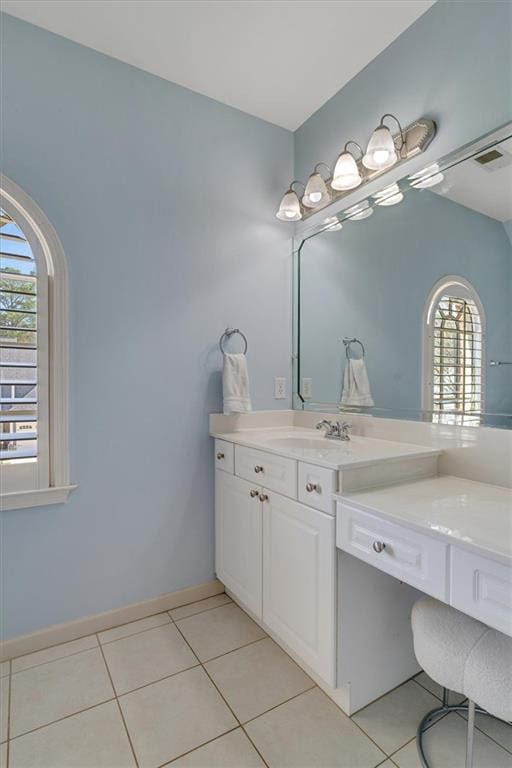 bathroom with tile patterned flooring, vanity, visible vents, and baseboards