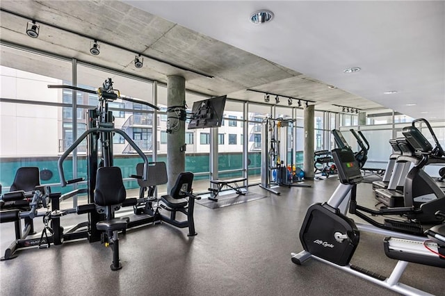 workout area with a wall of windows and track lighting