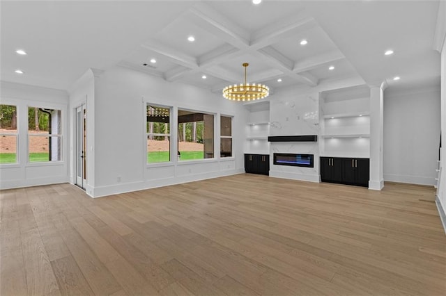 unfurnished living room featuring recessed lighting, light wood-style flooring, baseboards, and coffered ceiling
