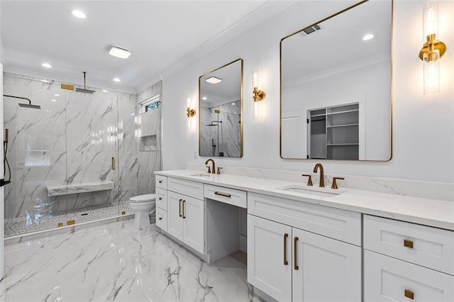 bathroom featuring crown molding, a marble finish shower, a sink, and marble finish floor
