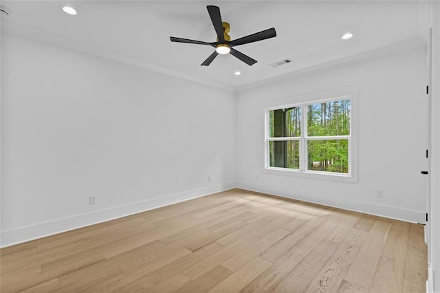 spare room with ceiling fan, visible vents, baseboards, recessed lighting, and light wood-style flooring