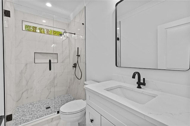 full bathroom featuring vanity, toilet, marble finish floor, a marble finish shower, and recessed lighting