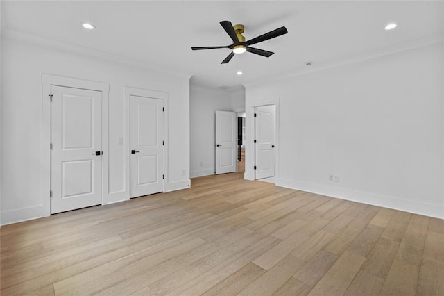 unfurnished bedroom with crown molding, recessed lighting, baseboards, and light wood finished floors