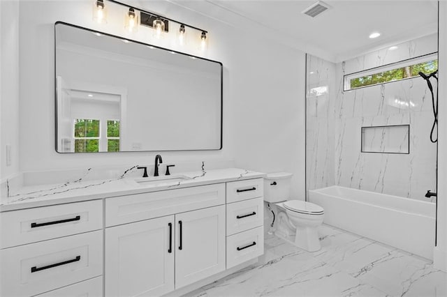 full bath with plenty of natural light, toilet, visible vents, and marble finish floor