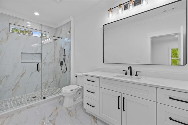 full bathroom featuring a healthy amount of sunlight, a marble finish shower, toilet, and marble finish floor