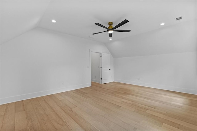 bonus room with visible vents, ceiling fan, recessed lighting, light wood finished floors, and vaulted ceiling