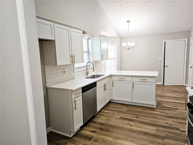 4093 Chapel Mill Bnd, Decatur, GA 30034 - kitchen featuring a peninsula, dishwasher, dark wood-type flooring, lofted ceiling, and a sink