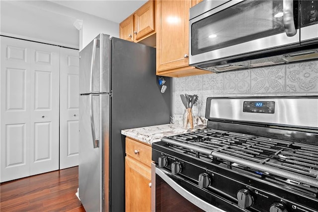 31 Country Place Ct, Alpharetta, GA 30005 - kitchen featuring stainless steel appliances, backsplash, dark wood finished floors, and light stone counters