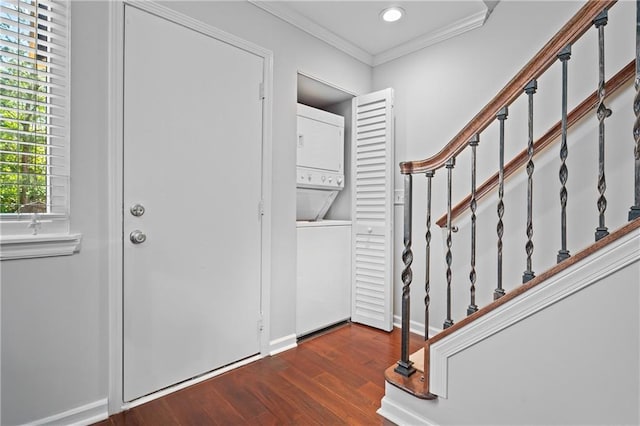 31 Country Place Ct, Alpharetta, GA 30005 - foyer with stacked washer / dryer, crown molding, wood finished floors, stairs, and recessed lighting