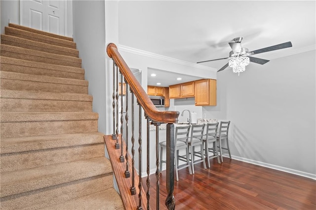 31 Country Place Ct, Alpharetta, GA 30005 - staircase featuring crown molding, ceiling fan, wood finished floors, and recessed lighting