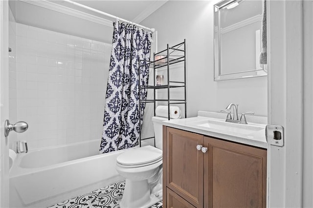 31 Country Place Ct, Alpharetta, GA 30005 - bathroom featuring crown molding, vanity, shower / tub combo with curtain, and tile patterned flooring