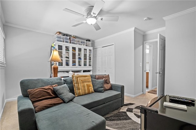 31 Country Place Ct, Alpharetta, GA 30005 - living room featuring light colored carpet, ceiling fan, and crown molding