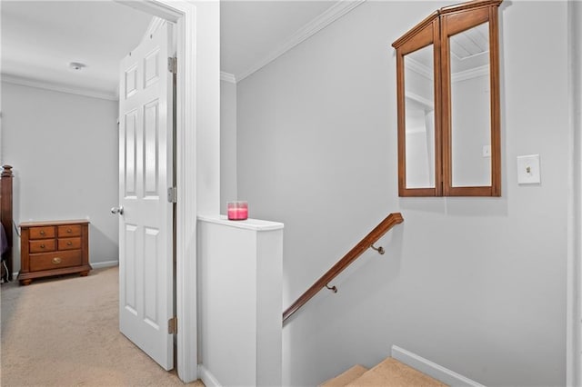 31 Country Place Ct, Alpharetta, GA 30005 - hallway featuring ornamental molding, light carpet, and an upstairs landing