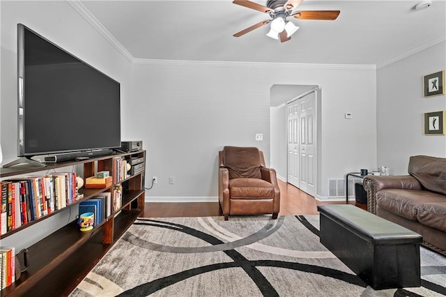 31 Country Place Ct, Alpharetta, GA 30005 - living room featuring ornamental molding, a ceiling fan, and wood finished floors
