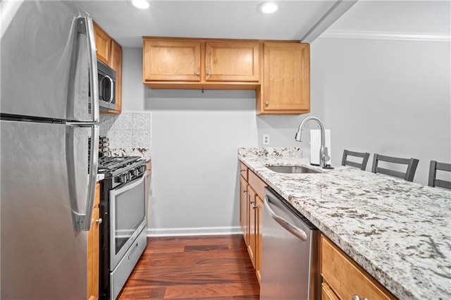 31 Country Place Ct, Alpharetta, GA 30005 - kitchen with stainless steel appliances, recessed lighting, dark wood-style flooring, light stone counters, and backsplash
