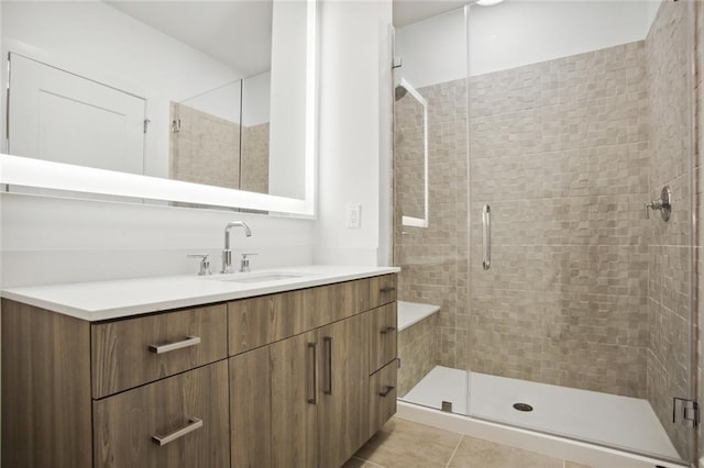 bathroom featuring a shower stall, vanity, and tile patterned floors