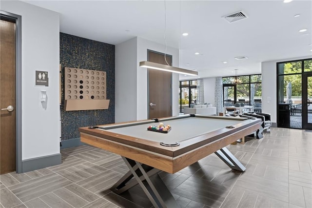 game room featuring recessed lighting, visible vents, baseboards, and pool table