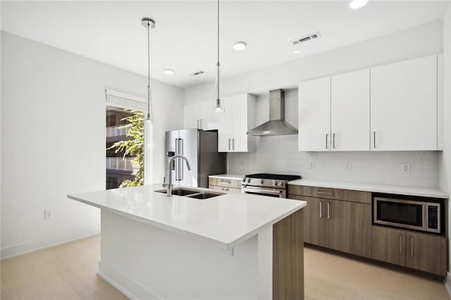 kitchen with stainless steel appliances, decorative backsplash, white cabinetry, wall chimney range hood, and an island with sink