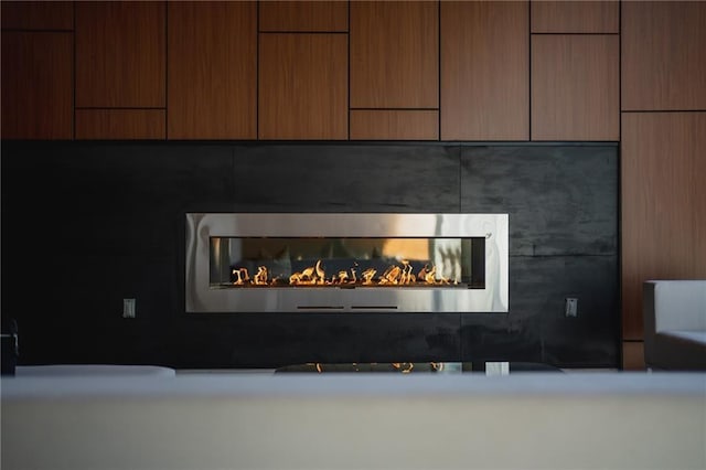 interior details with a glass covered fireplace