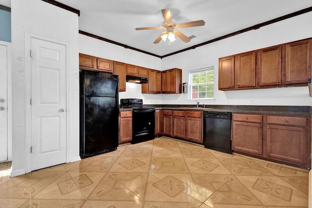 kitchen featuring ornamental molding, dark countertops, under cabinet range hood, a ceiling fan, and black appliances