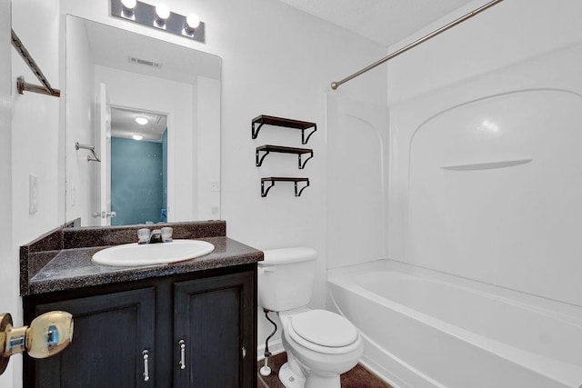 full bath with toilet, visible vents, shower / tub combination, and vanity
