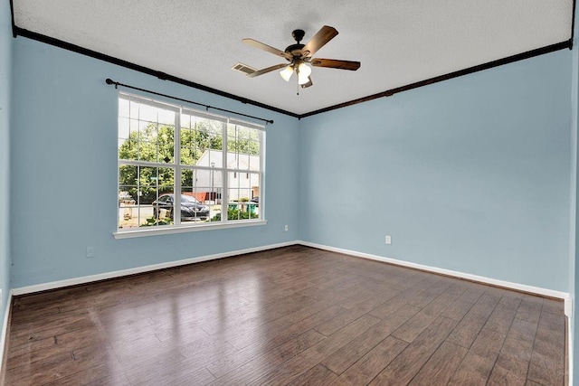unfurnished room featuring crown molding, a textured ceiling, ceiling fan, and dark wood-style floors