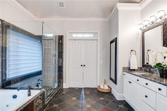 bathroom with vanity, baseboards, a stall shower, ornamental molding, and a jetted tub