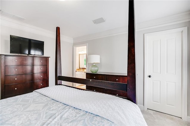 bedroom with carpet and ornamental molding