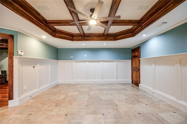 unfurnished room featuring a ceiling fan, visible vents, coffered ceiling, beamed ceiling, and a decorative wall