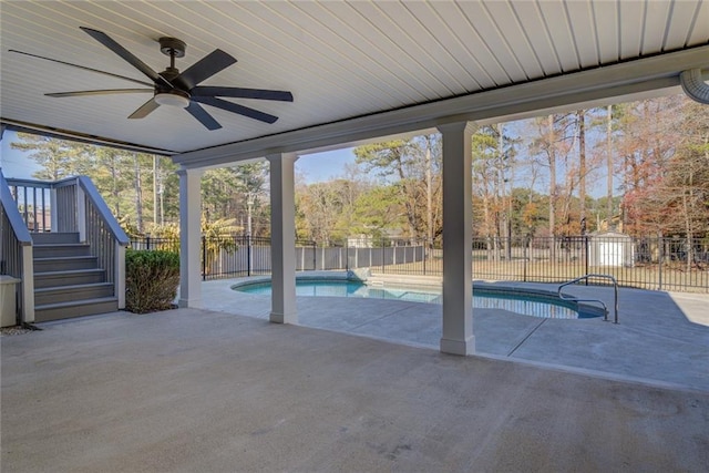 view of pool featuring a patio and ceiling fan